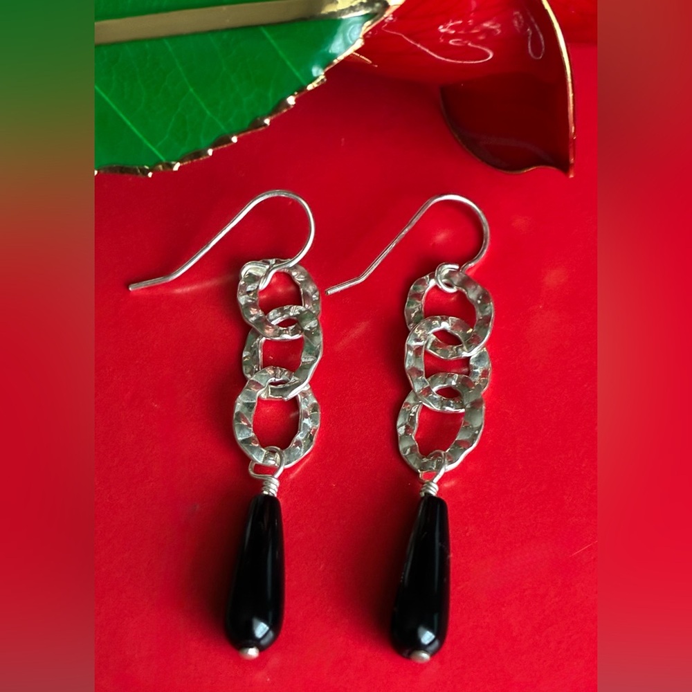 925 Silver Earrings,Elegant Silver and Black Dangle Earrings